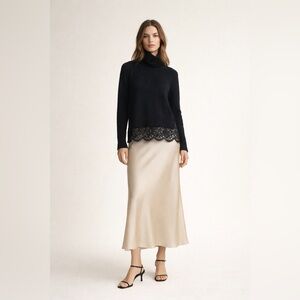 Brochu Walker wool cashmere blend black turtleneck sweater with lace detail. XS